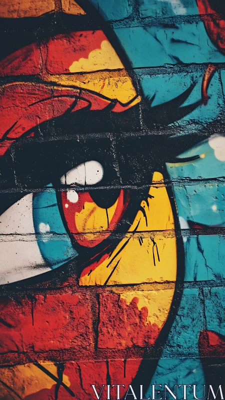 Expressive graffiti eye blazes across a weathered brick wall.