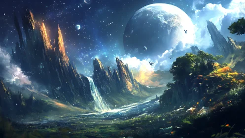 Mystical river valley under a glowing moonlit sky.