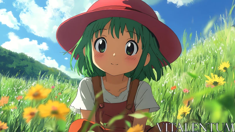 Sunlit anime portrait in wide-angle meadow perspective.