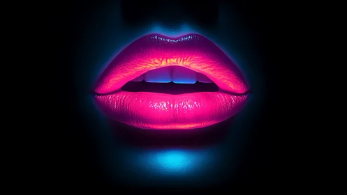 Neon-kissed lips hover in electric midnight glow. Period.