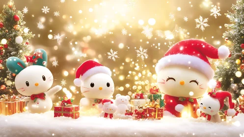 Cartoon characters in Christmas scene with gifts and snow.
