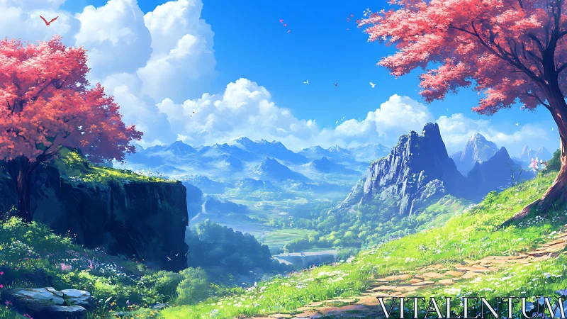 Blossom-crowned valley vista under storybook sapphire skies.