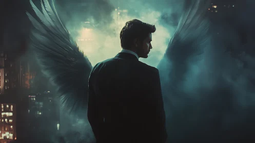 Winged suited figure in moody cinematic urban backlight.