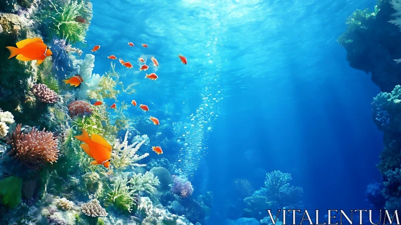 Coral reef scene with orange fish in clear blue water.