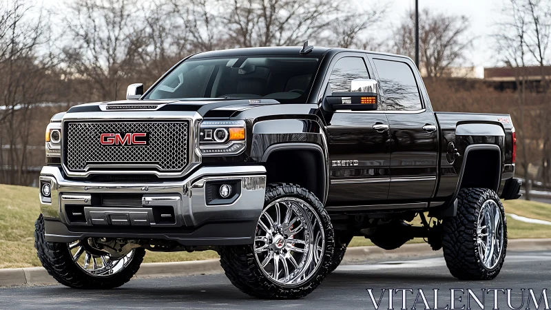 Lifted black GMC Sierra Denali truck showcases custom chrome stance