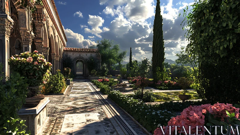 Sunlit cloister garden unfolds with lush, blooming pathways.