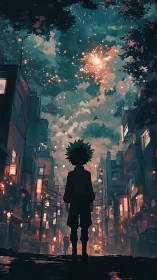 Nocturnal urban canyon under nebular particulate skyfield.