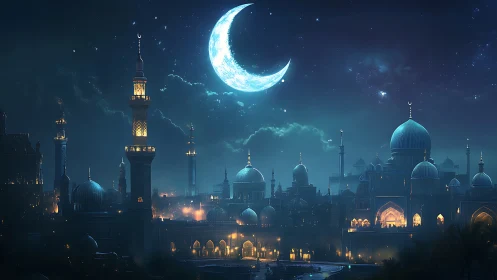Moonlit minaret kingdom under a dream-bright crescent sky.