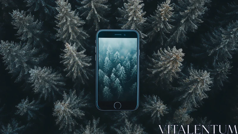 Smartphone overlay with misty fir forest in winter scene.