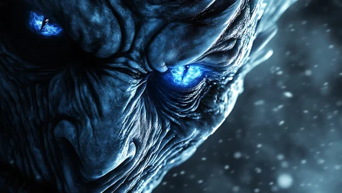 Glowing blue-eyed ice creature glares through a frozen storm