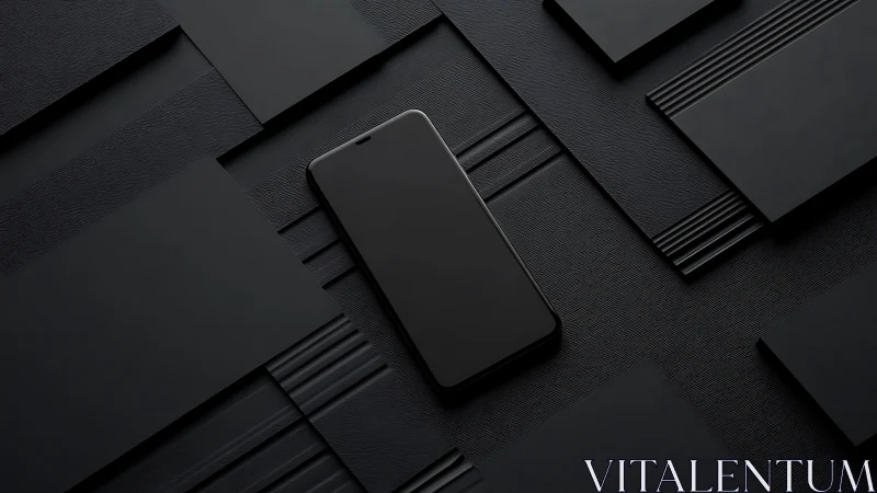 Minimalist black smartphone on geometric textured surface.