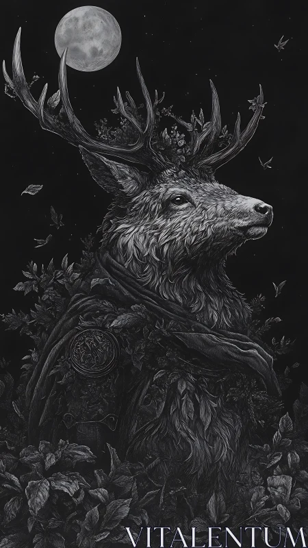 Lunar-lit stag entwined with foliage rendered in monochrome etching