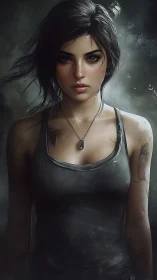 Young woman in dark vest with pendant in moody setting.