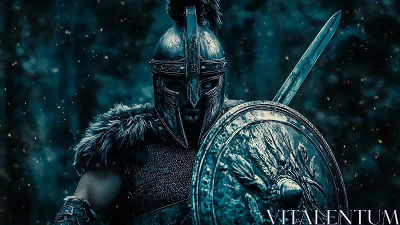 Armored warrior stands with sword and shield in low light