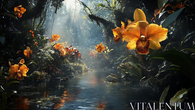 Golden orchids over misty jungle river in filtered light.