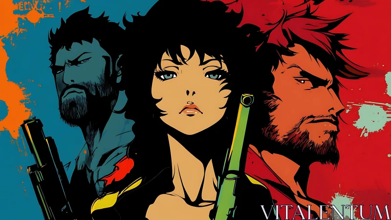 Triadic anime agents posed with pistols against split-color fields