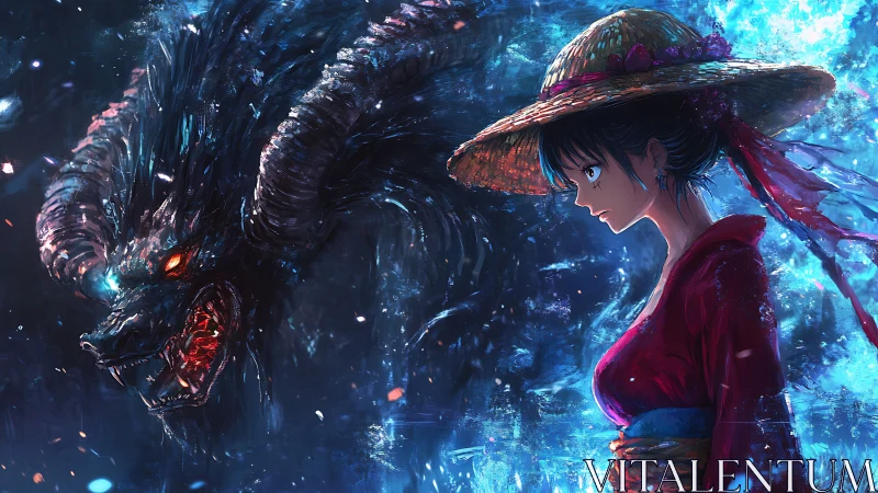 Calm wanderer in red walking beside a blazing spirit beast.