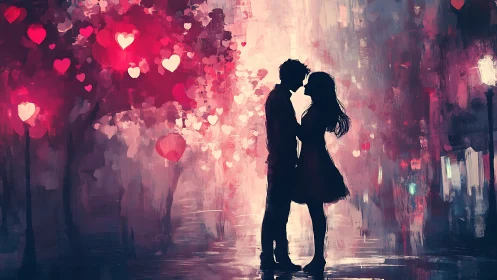 Silhouetted couple kissing beneath neon heart bokeh.