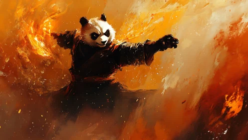Playful warrior panda dancing through blazing fire magic.