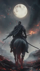 Armored lone rider under full moon on volcanic battlefield