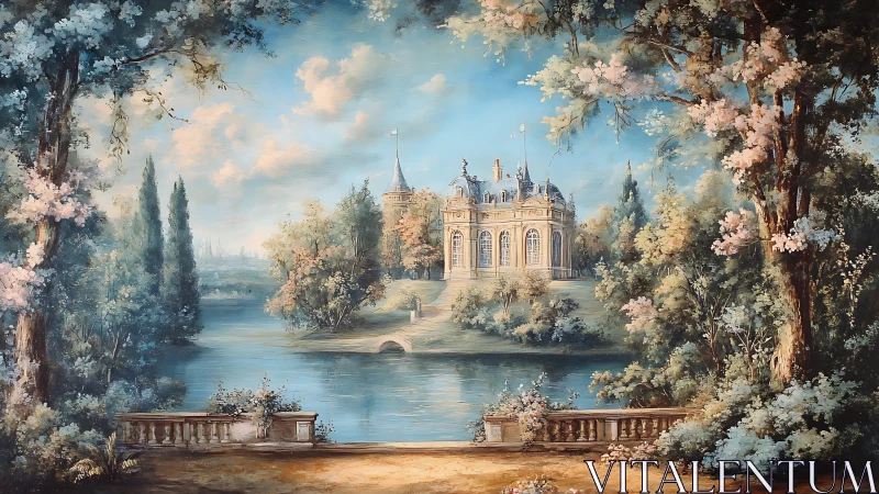 Dreamlit lakeside chateau whispers through pastel trees