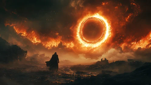 Cloaked figure observes large fiery ring over ruined landscape