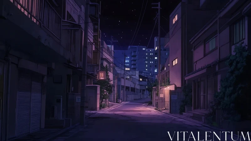 Quiet neon alley under softened starlit city skies.