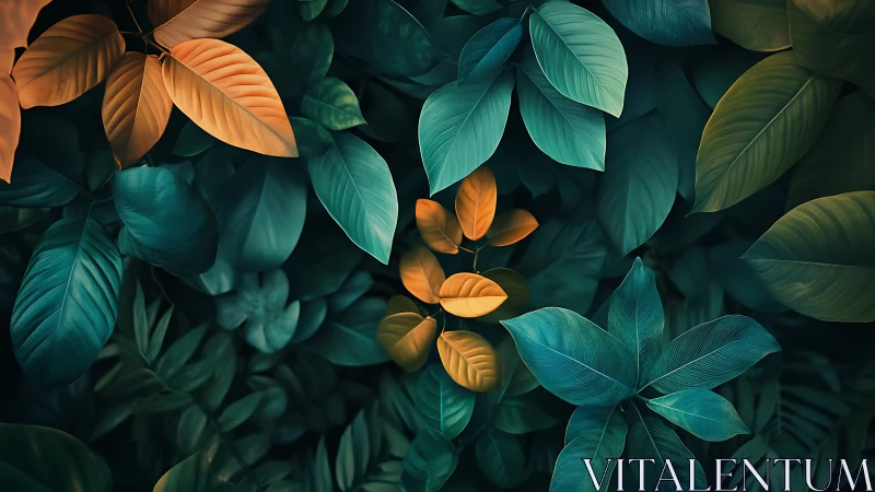 Digital foliage pattern with teal and amber tropical leaves.