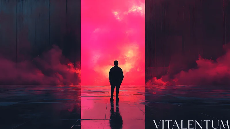 Backlit silhouette before neon vapor corridor threshold portal.