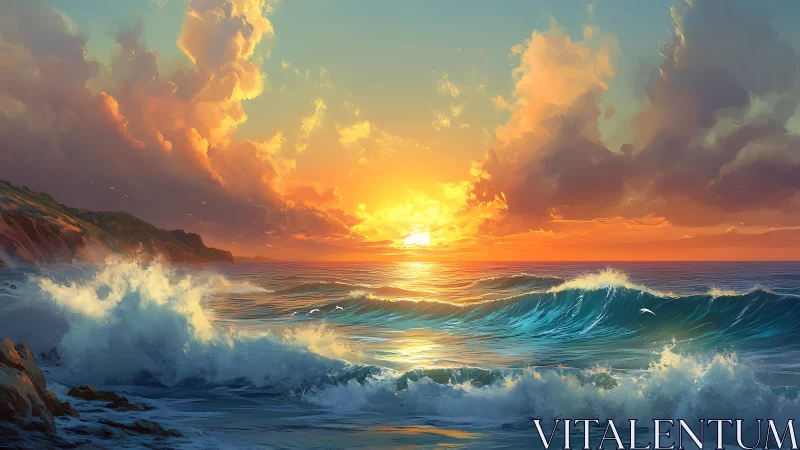 Sunset over coastal waves with illuminated cloud formations.