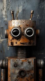 Rusty wide-eyed robot stands against a textured metal wall