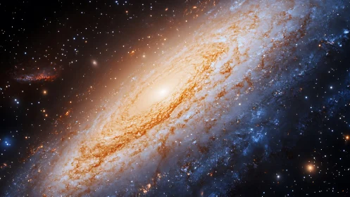 Inclined spiral galaxy core and outer disk with dense star field