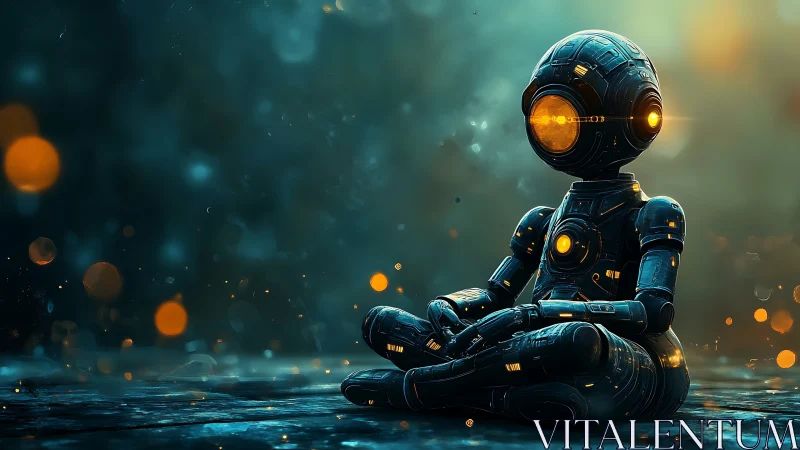 Meditating robot figure in glowing futuristic landscape.