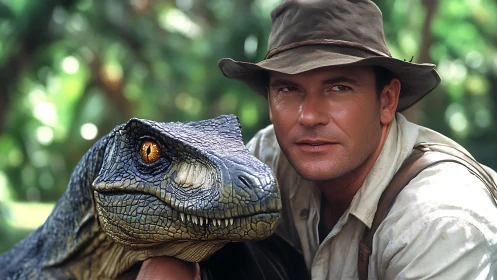 Male explorer posed beside detailed dinosaur model outdoors.