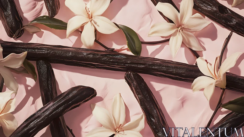 Vanilla beans and cream flowers on soft pink surface.