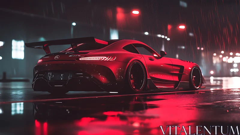 Red Mercedes sports car under neon rain on wet street.