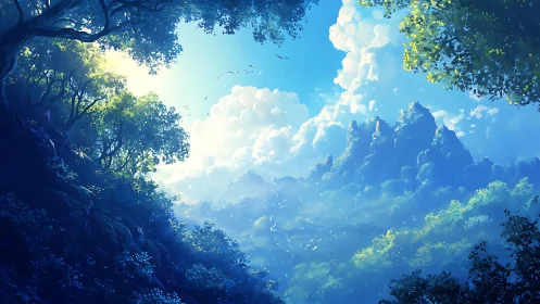Luminous Forest Valley with Towering Mountains