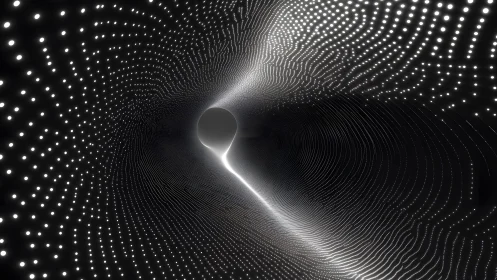 Abstract digital tunnel with glowing dots and light streak, futuristic style.