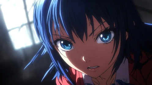 Blue haired anime girl glares with intense reflected light.