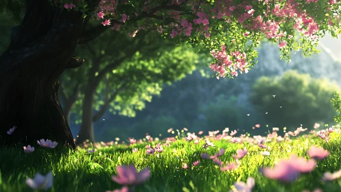 Rendered spring meadow displays flowering tree and blossoms