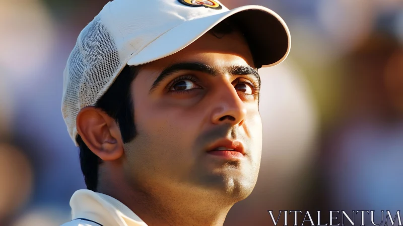 Cricket player portrait under stadium lighting with shallow focus