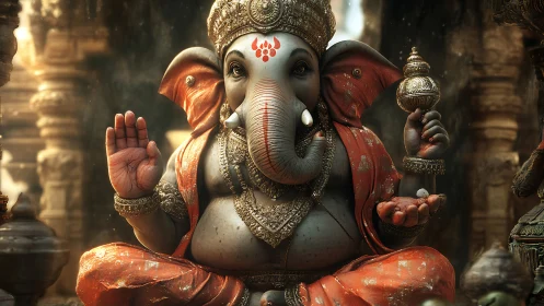 Ganesha idol rendered in ornate temple light with warm bokeh.