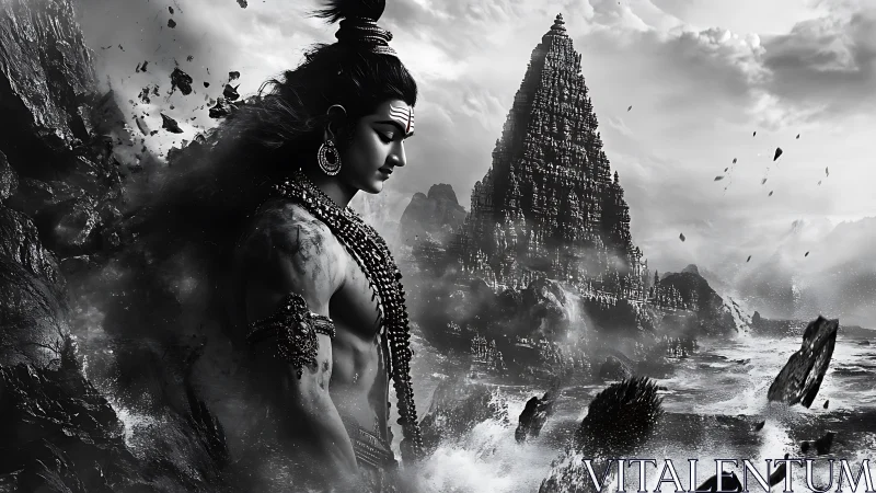 Stormforged deity broods above shattered coastal temple.