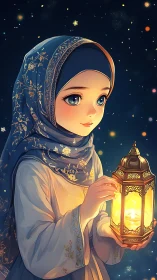 Starlit girl in blue hijab cradles a glowing golden lantern.