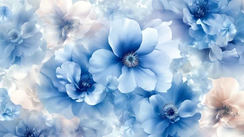 Dreamy Blue Blossoms Dance in Luminous Garden Haze