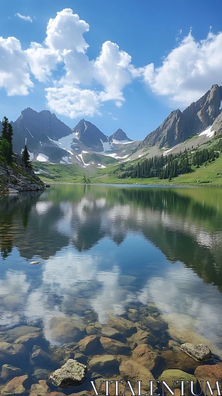 Mountain lake reflection under bright summer clouds.