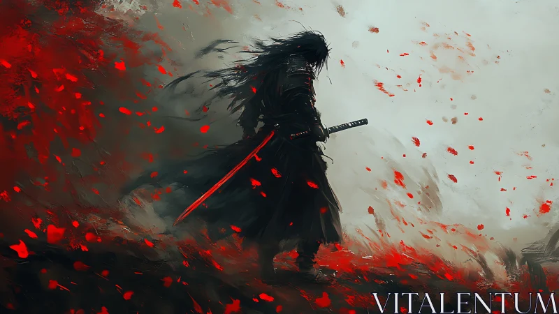 Lone dark swordsman amid red debris on muted landscape.