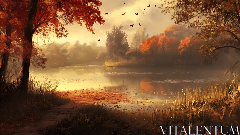 Autumn lake glows beneath misty sunrise and drifting birds.