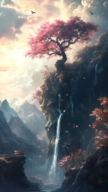 Cherry blossom cliff above misted valley waterfall.
