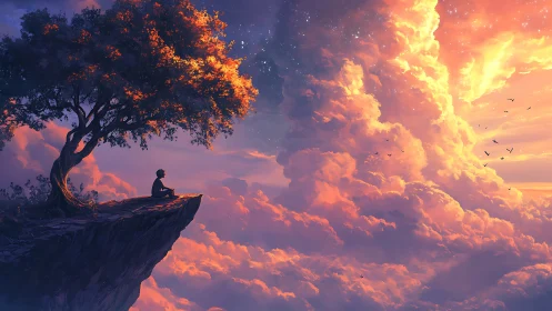 Solitary meditative figure on cliff above luminous sunset clouds